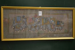 Indian school, a procession of elephants, painting on fabric, framed and glazed.