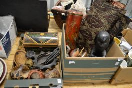 A quantity of carved wooden items, a Chinese lacquer box, textiles etc.