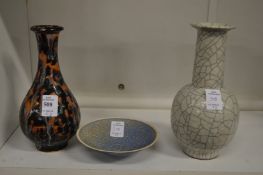 Two Chinese small pottery vases and a small dish.