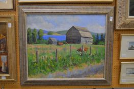 A rural landscape with cattle and a barn, a lake in the distance, oil on board.