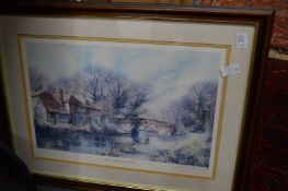 A colour print and two African paintings.