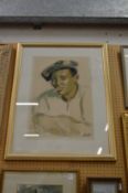 A portrait of a young man smoking a cigarette wearing a chequered cap watercolour, signed.