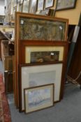 Two watercolours, three prints and a tapestry picture.