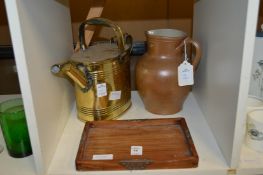 A small Chinese hardwood tray, a brass watering can and a salt glazed jug.
