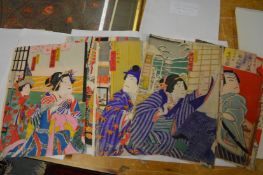 Three Japanese Meiji period triptych woodblock prints depicting Kabuki theatre plays, unframed.