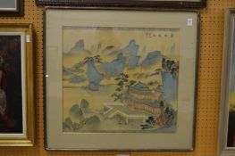A Chinese painting on silk depicting a landscape.