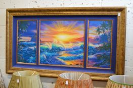 Christian Riese Lassen, a triptych print depicting a colourful ocean, sunset and waves, signed.