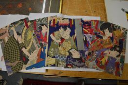 Two triptych Japanese Meiji period woodblock prints depicting Kabuki theatre plays.