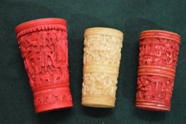 Three Canton ivory dice shakers.
