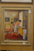 Interior scene with two semi-nude female figures dressing, oil on board.