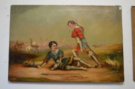No Mercy oil on canvas depicting soldiers in battle, unframed.