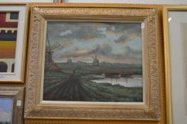 Dutch school, an open landscape with windmills, a figure on a path, oil on canvas, in a decorative