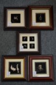 Five framed and glazed miniatures depicting Arabic items, possibly silver.