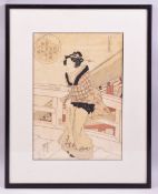A JAPANESE WOODBLOCK PRINT BY KUNISADA, depicting a female figure standing on a bridge, framed and