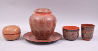 A COLLECTION OF BURMESE OR THAI LACQUERED ITEMS, comprising of a jar and cover, two bowls, a beaker,