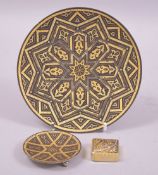 A TOLEDO GILT DECORATED CIRCULAR DISH on three ball feet, together with a similar smaller dish and