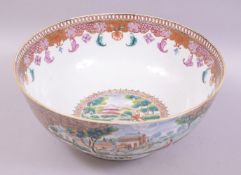 A SUPERB 18TH CENTURY CHINESE FAMILLE ROSE PORCELAIN HUNTING BOWL, with panels of European hunting