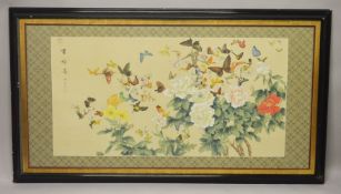 A LARGE 20TH CENTURY CHINESE PAINTING ON SILK - BUTTERFLIES AND FLORA - the large painting depicting