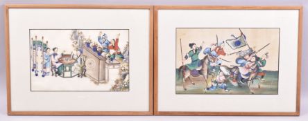 A PAIR OF CHINESE PITH PAINTINGS, one depicting figures seated at a table with playful children, the
