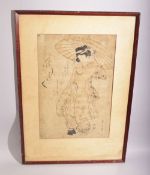 A JAPANESE WOODBLOCK PRINT OF A GEISHA, framed and glazed, 56.5cm x 39.5cm.