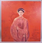 A CHINESE SCHOOL; A GOOD LARGE CONTEMPORARY THREE QUARTER LENGTH PORTRAIT OF A YOUNG LADY, wearing