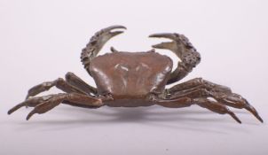 A JAPANESE BRONZE MODEL OF A CRAB, mark underside, 13cm long.