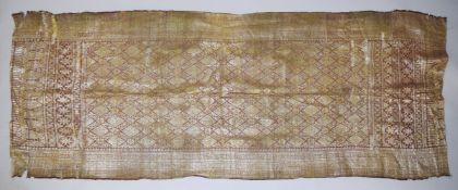 AN INDIAN GOLD COLOUR THREAD EMBROIDERED TEXTILE, approx. 226cm x 90cm (faults).