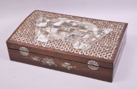 A VERY GOOD CHINESE ROSEWOOD AND MOTHER OF PEARL INLAID DOMED BOX, with buildings, scrolls and
