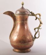 A LARGE INDIAN COPPER BRASS COFFEE POT, with zoomorphic handle, 35.5cm high.