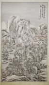 A GOOD CHINESE SCROLL PAINTING OF A MOUNTAINOUS LANDSCAPE, with a bridge over a river, trees and