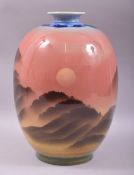A LARGE JAPANESE PORCELAIN OVOID VASE, the body painted with an atmospheric sunset landscape, 33cm