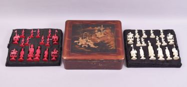 A VERY GOOD 19TH CENTURY CHINESE RED AND WHITE STAINED IVORY CHESS SET, in a fitted lacquer box,