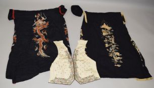 A CHINESE EMBROIDERED WATERED SILK WAISTCOAT FRONT, together with a black silk kimono embroidered