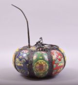 AN UNUSUAL CHINESE PUMPKIN FORMED PORCELAIN AND BRONZE OPIUM VESSEL, with eight porcelain panels