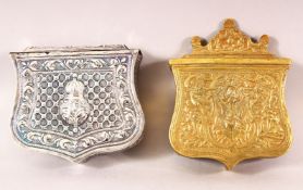 TWO 19TH CENTURY TURKISH OTTOMAN CARTRIDGE CASES, the bronze with moulded figures, 13cm high, the
