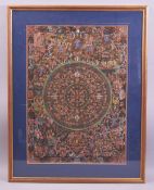 A HIGHLY DETAILED TIBETAN THANGKA, painted on cloth with multiple deities, framed and glazed, 76cm x