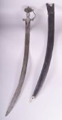 A SUPERB INDIAN SILVER INLAID STEEL HILT TULWAR and leather scabbard, 91cm long.