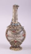 AN ISLAMIC WHITE METAL AND ENAMEL SCENT BOTTLE, 9.5cm high.