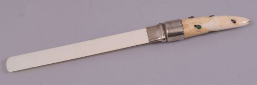 A GOOD IVORY AND SHIBAYAMA PAGE TURNER, with silver mount, 45cm long.