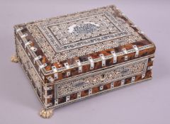 AN INDIAN TORTOISESHELL BONE AND PENWORK DECORATED DOMED TOP SEWING BOX, the lift out tray with