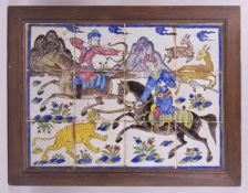 A 19TH CENTURY SAFAVID REVIVAL TWELEVE CUERDA SECA POTTERY TILED PANEL, the tiles painted in the