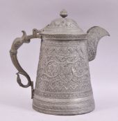 A GOOD INDIAN KASHMIRI TINNED COPPER COFFEE POT, with floral motifs and zoomorphic handle, 26cm