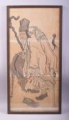 A GOOD CHINESE WATERCOLOUR PAINTING OF AN IMMORTAL / SAGE, with a deer to his side, a red crowned