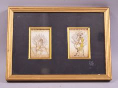 TWO GOOD INDIAN MINIATURE PAINTINGS ON IVORY, together framed and glazed, image 7cm x 4.5cm, overall