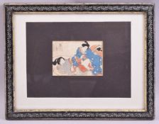 A JAPANESE WOODBLOCK PRINT, depicting an erotic scene, decoratively framed, image 8.5cm x 12cm,