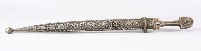 A 19TH CENTURY KINDJAL DAGGER and scabbard, 54cm long.