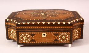 A HISANO MORESQUE INLAID WOODEN MUSIC BOX - with exotic wood inlays and bone or ivory - 26cm x