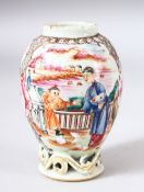 A SMALL CHINESE FAMILLE ROSE CADDY, painted with two panels of figures in different settings, 10.5cm