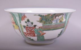 A GOOD LARGE CHINESE FAMILLE VERTE PORCELAIN BOWL, decorated with panels of figures in various