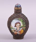 A CHINESE METAL AND PORCELAIN SNUFF BOTTLE AND STOPPER, with two decorative panels depicting